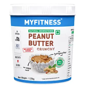 Myfitness Unsweetened Natural Peanut Butter Crunchy 1.25kg | Single Pack | 32g Protein | 100% Roasted Peanuts | Tasty Nut Butter Spread | Vegan | No Added Sugar & Salt | No Hydrogenated Oil | Zero Cholesterol