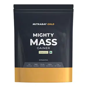 Nutrabay Gold Mighty Mass Gainer with Whey Protein, Digestive Enzymes & Vitamins & Minerals, Weight Gainer Supplement Powder - 1Kg, Kesar Kulfi