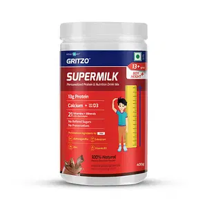 Gritzo SuperMilk Boys Height+ for 13+Yrs | 400g | Serving 12 | Protein 13g | Natural Double Chocolate