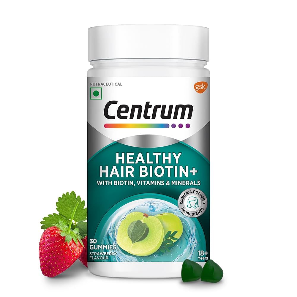 

Centrum Healthy Hair Biotin+ | 30 Gummies for Men & Women | 100% RDA of Biotin, Amla, Vitamins & Minerals | World's #1 Multivitamin Brand | 100% Veg