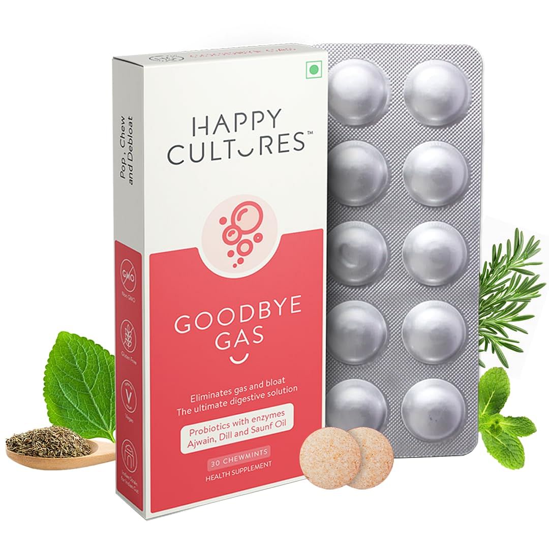 

Happy Cultures Goodbye gas for gas, Bloating & indigestion, helps in digestion, mint flavour chewables, easy to carry, 30 chew mints