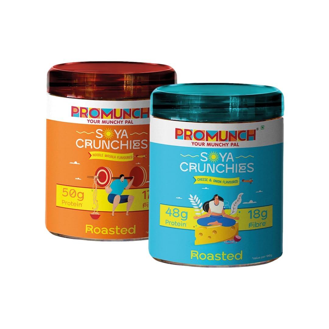 

PROMUNCH Soya Crunchies | Vegan | High-Protein | Healthy | Gluten-Free | Pack of 2, Flavour: Cheese & Onion and Noodle Masala - 150 g Each