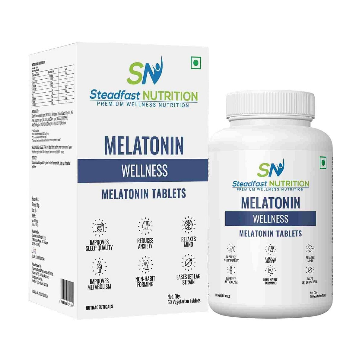 

Steadfast Nutrition Melatonin Supplement 5mg for Deep Sleep | Non-Habit Forming| Regulates Sleep Cycle | (Pack of 60 Tablets)