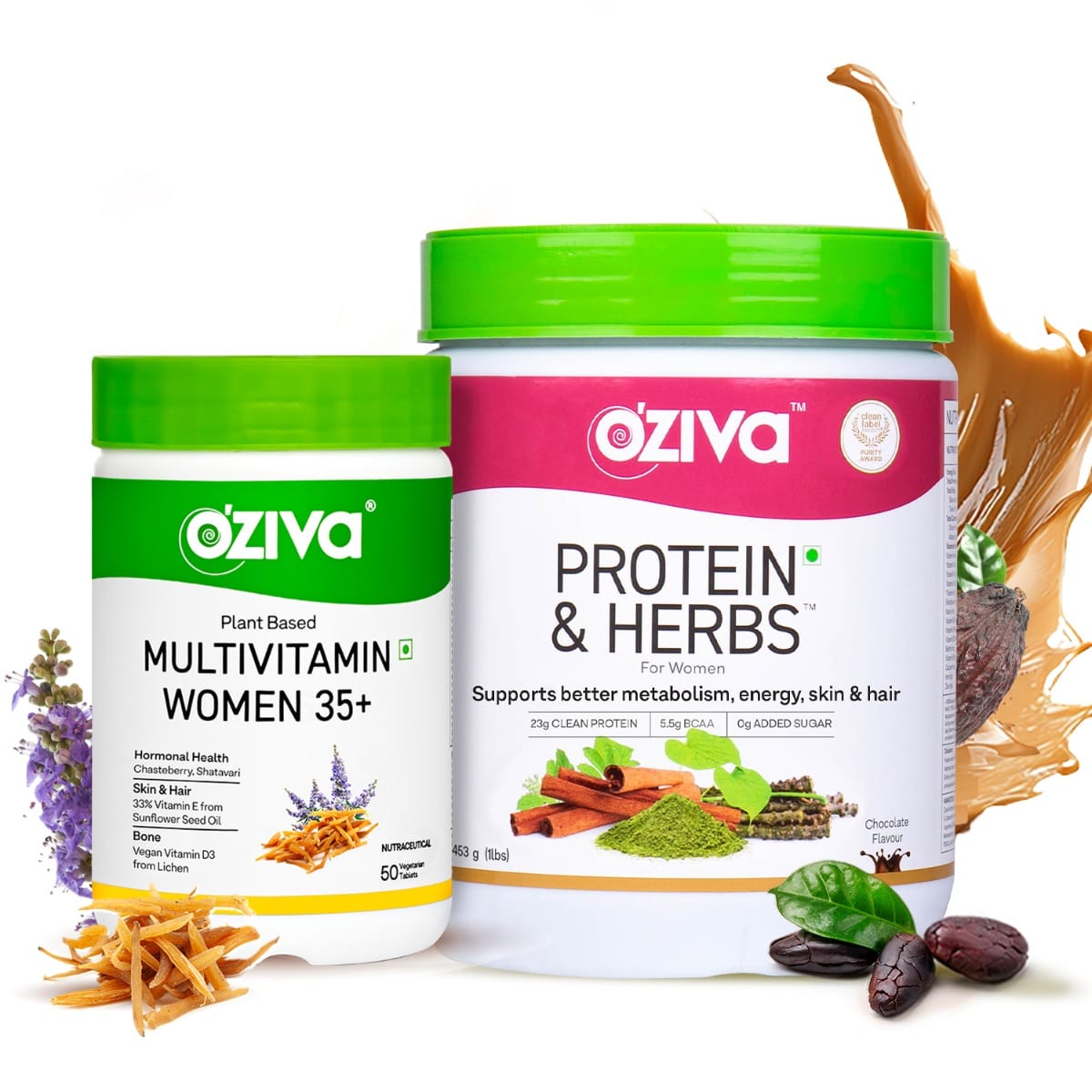 

OZiva Protein & Herbs for Weight Management, Women - (Chocolate) - 453g & Plant Based Multivitamins for Women 35+, For Hormonal Health, Skin & Hair...