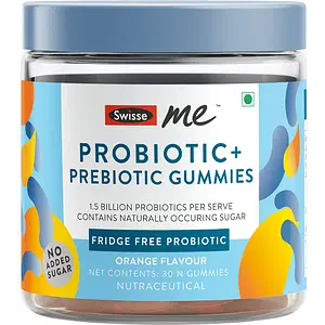 SwisseMe Probiotics + Prebiotic Gummies With 1.5 Billion Cfu Per Serving, Contains Naturally Occuring Sugar, Fridge Free Probiotic, Orange Flavour - 30 Gummies.