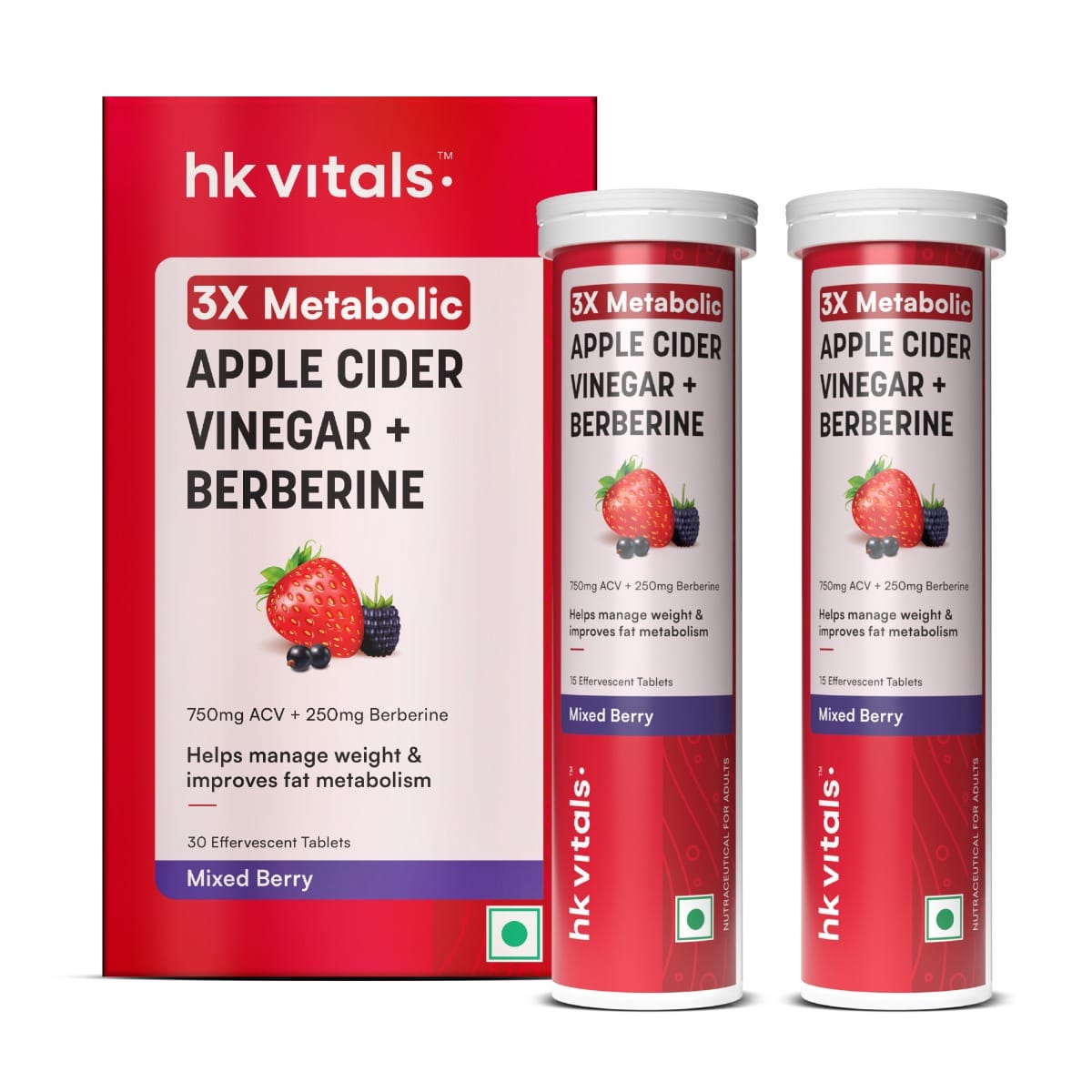 hk vitals 3x Metabolic Apple Cider Vinegar 750mg + Berberine 250mg (Mixed Berry, 15 Effervescent Tablets Each) | Combo Pack-image-2