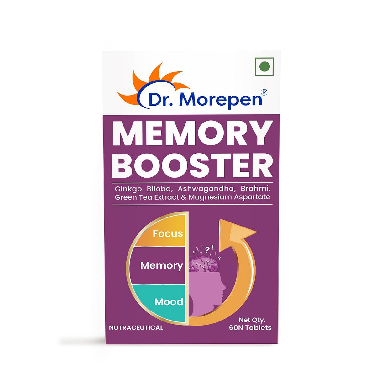 

DR. Morepen Memory Booster 100% Natural | 60 Tablets | GABA Ashwagandha Chamomile & Brahmi-Vitamins B1 B2 B3 Magnesium | Focus | Memory | Mood