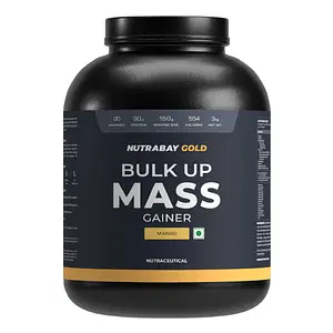 Nutrabay Gold Bulk Up Mass Gainer, Carbs to Protein Blend (3:1), 30g Protein with Digestive Enzymes, Vitamins & Minerals, Weight Gain Supplement  - 3kg, Mango