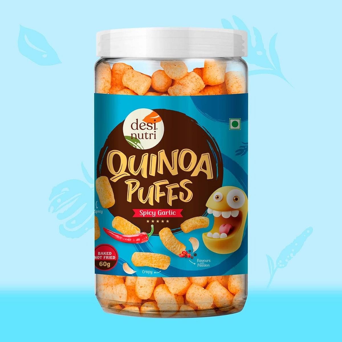 Desi Nutri Quinoa Puffs Spicy Garlic | Ready to Eat Quinoa Puffs Spicy Garlic | Quinoa Puffs Spicy Garlic Snacks | Quinoa Puffs Snacks | Quinoa Puffs Spicy Garlic | Rich in Iron & Protein - 60 GMS-image-17