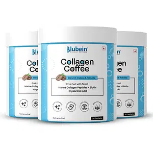 Blubein Real Collagen Coffee for Men & Women | Premium blend of Arabica & Robust with Marine Collagen, Biotin, Vitamin-C, Hyaluronic Acid | Glowing Skin, Strong Hair & Nails | Makes 30Cups x Pack of 3