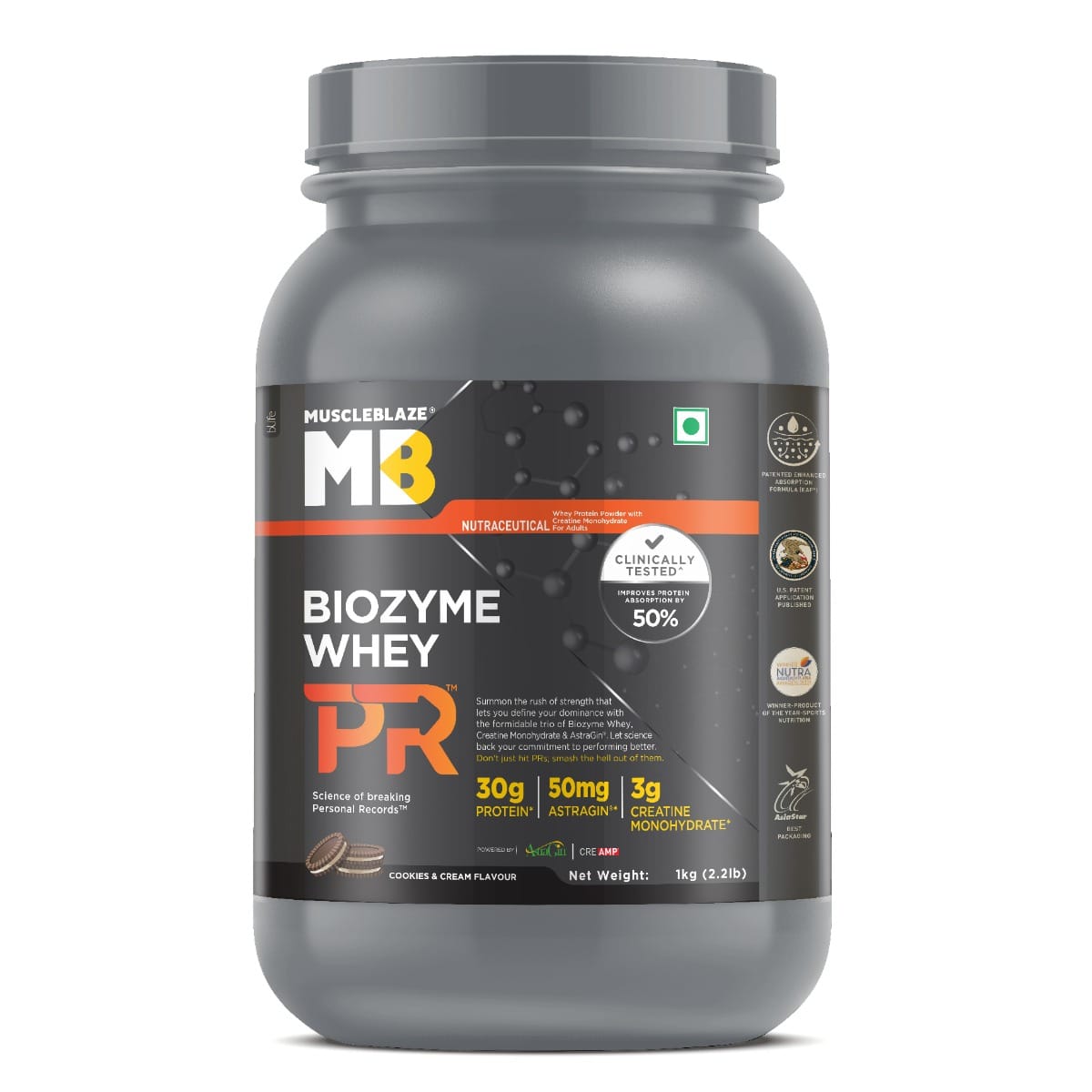 

MuscleBlaze Biozyme Whey Protein PR with 30g Protein, 3g Creatine Monohydrate & 50mg AstraGin® | Trustified Gold Certified (Cookies & Cream, 1kg / ...