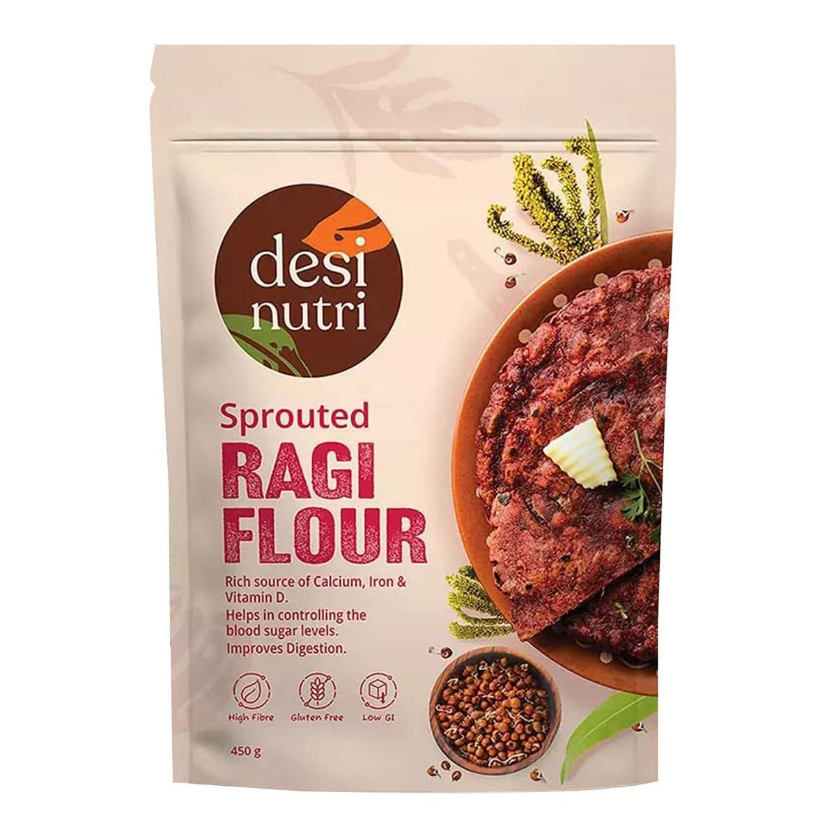 

Desi Nutri Sprouted Ragi Flour | Ragi Powder | Ragi Malt | Ready to Cook Ragi Powder | Nachni Flour- 450 gms | High in Protein & Calcium