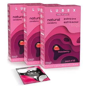 Lubex 6 in 1 Extra Time Condoms - Long Lasting with Disposable Bags - Ultra Thin & Extra Dotted - Strawberry Flavour - 36 Condom (Pack of 3)