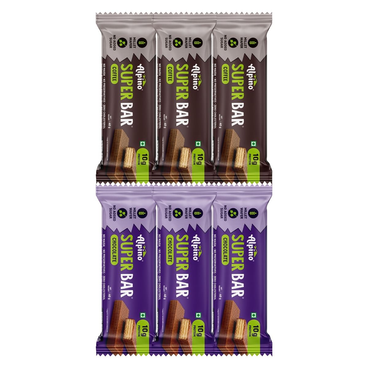 

ALPINO 10g High Protein Super Waffer Bar Assorted Pack of 6 (3 Chocolate + 3 Coffee) - 100% Millet Waffer, No Maida, No Added Sugar - Source of Die...