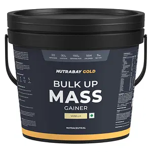 Nutrabay Gold Bulk Up Mass Gainer, Carbs to Protein Blend (3:1), 30g Protein with Digestive Enzymes, Vitamins & Minerals, Weight Gain Supplement  - 5kg, Vanilla