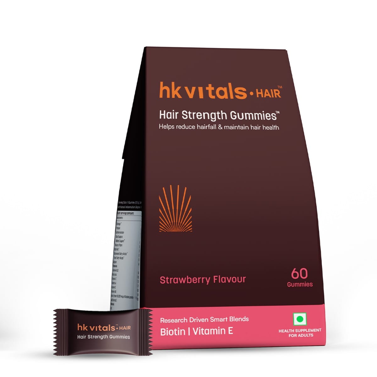 hk vitals hair strength gummies (strawberry, 60 biotin gummies) | with zinc, vitamin c, a & e, gluten free | for healthier skin, hair, and nails