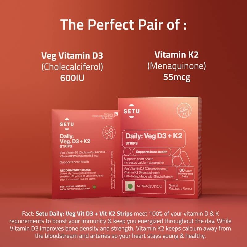 Setu Daily Veg D3+K2 Strips Plant Based Supplement For Bone Health