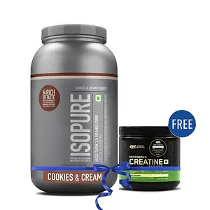 ISOPURE [Whey Protein Isolate Powder, 4.40 lbs/2 kg (Cookies & Cream), Low carbs, Lactose-free, Vegetarian protein for Men & Women] with FREE Optimum Nutrition Micronised Creatine Powder, 250g