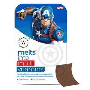 Wellbeing Nutrition Marvel Captain America Melts | Kids Organic Multivitamin with Vitamin A, B-Complex, C, D and Iron | 100% Plant Based | Mixed Berry Flavor (30 Oral Strips)