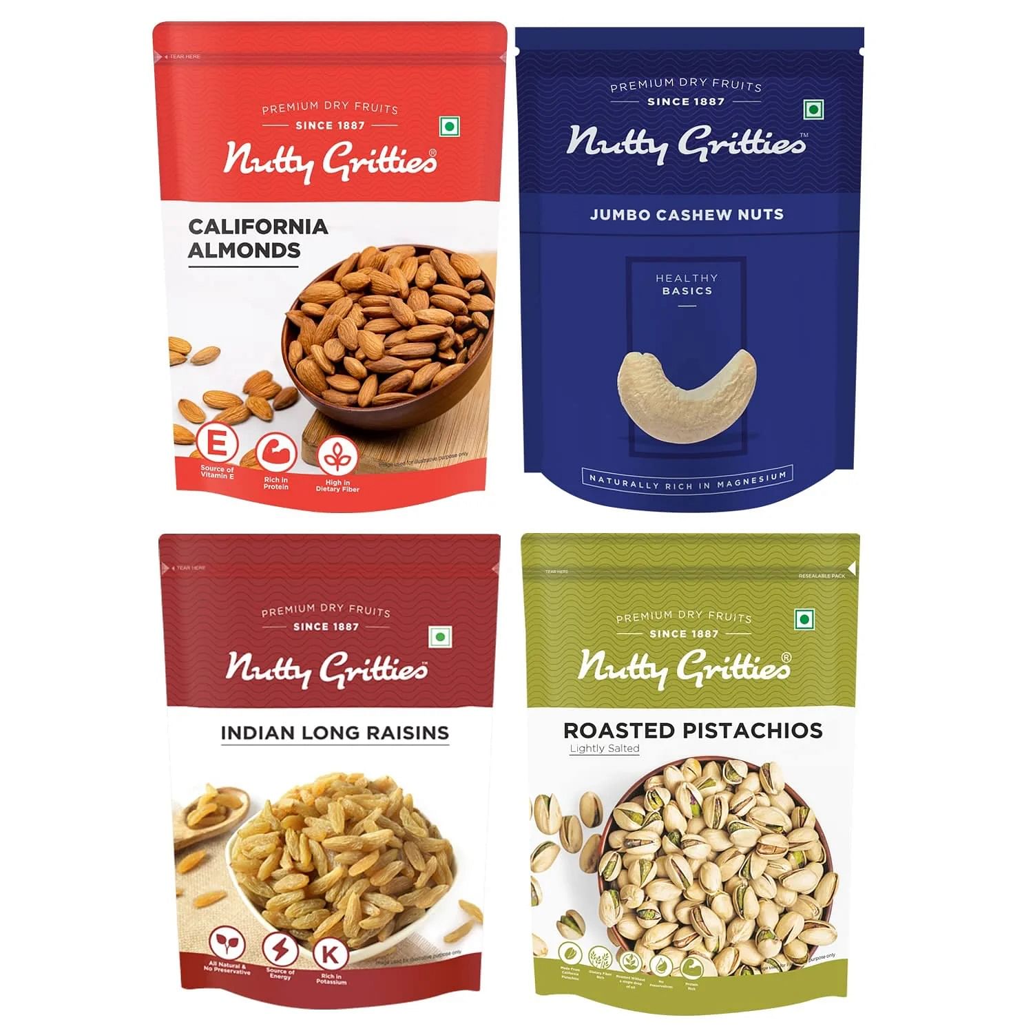 

Nutty Gritties Mixed Nuts Dry Fruits - California Almonds, Salted Pistachios, Cashews and Raisins Combo (200g Each) - 800g