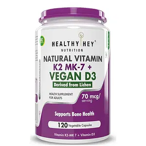 HealthyHey Nutrition Natural Vitamin K2 + Natural D3 (Vegan) - Non-GMO | Non-Synthetic 120 Veg. Capsules
