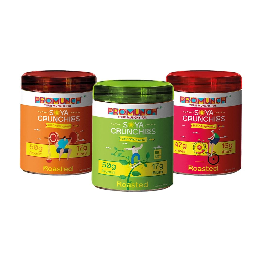 

PROMUNCH Soya Crunchies | Vegan | High-Protein | Healthy | Gluten-Free | Combo of 3 Packs, Flavour: Noodle Masala, Tangy Pudina & Peri-Peri, 150 g