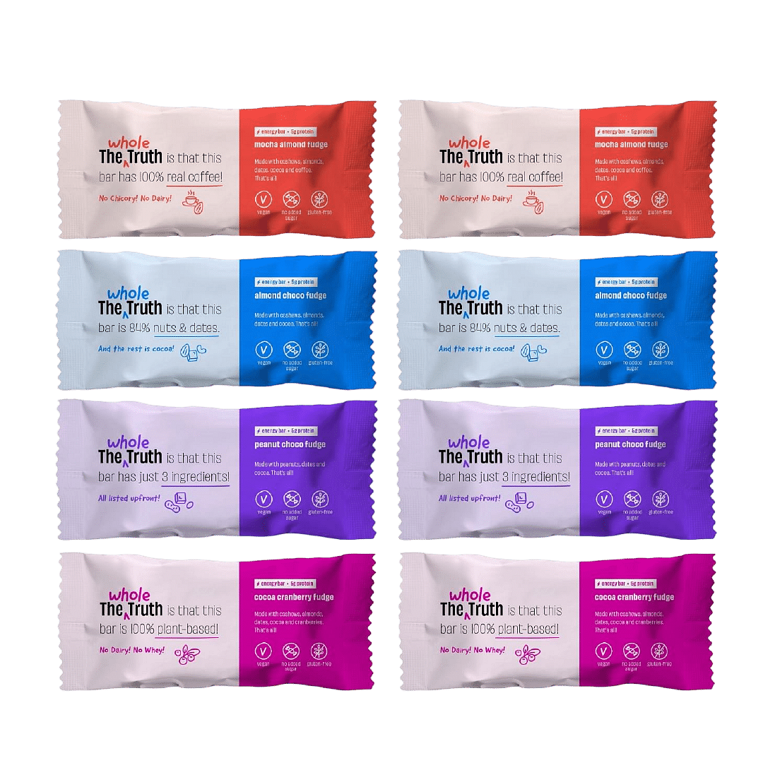 

The Whole Truth - Energy Bars - Fudge All! | 6 Bars x 40g | 2 Almond Choco Fudge, 2 Peanut Choco Fudge, 1 Cocoa Cranberry Fudge, 1 Mocha Almond Fud...