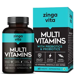 Zingavita Probiotics & Prebiotics Multivitamin Tablets with 43 Essential Minerals ,Vitamins C, D,  Zinc & Biotin for Better Immunity & Joint Support, for Men & Women