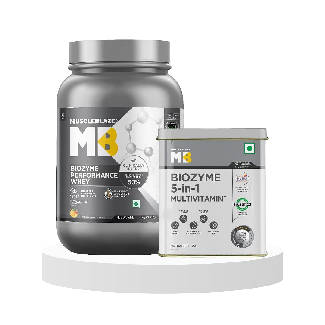 

MuscleBlaze Biozyme Performance Whey Protein,Mango,1 kg & MuscleBlaze Biozyme Daily Multivitamin at Best Price in India, 90 Tabs