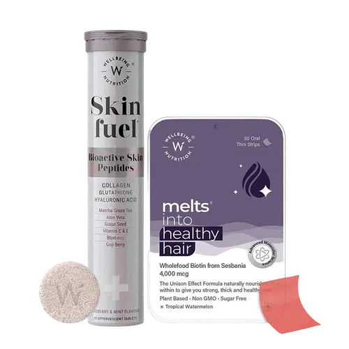 Wellbeing Nutrition Skin & Hair Beauty Pack | Collagen, L-Glutathione, Hyaluronic Acid Plant Based Biotin Fo-ti Extract (15 Effervescent Tabs + 30 Oral Thin Strips) Wellbeing Nutrition Skin & Hair Beauty Pack | Collagen, L-Glutathione, Hyaluronic Acid Plant Based Biotin Fo-ti Extract (15 Effervescent Tabs + 30 Oral Thin Strips)