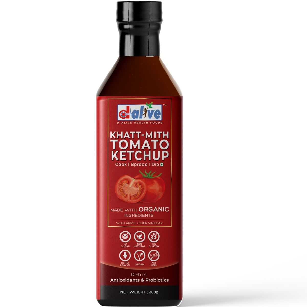 

D-Alive Khatt-Mith Tomato Ketchup (Made with Organic Ingredients, Sugar-Free, Gluten-Free, Low Carb, Ultra Low GI, Vegan, Diabetes & Keto Friendly)...
