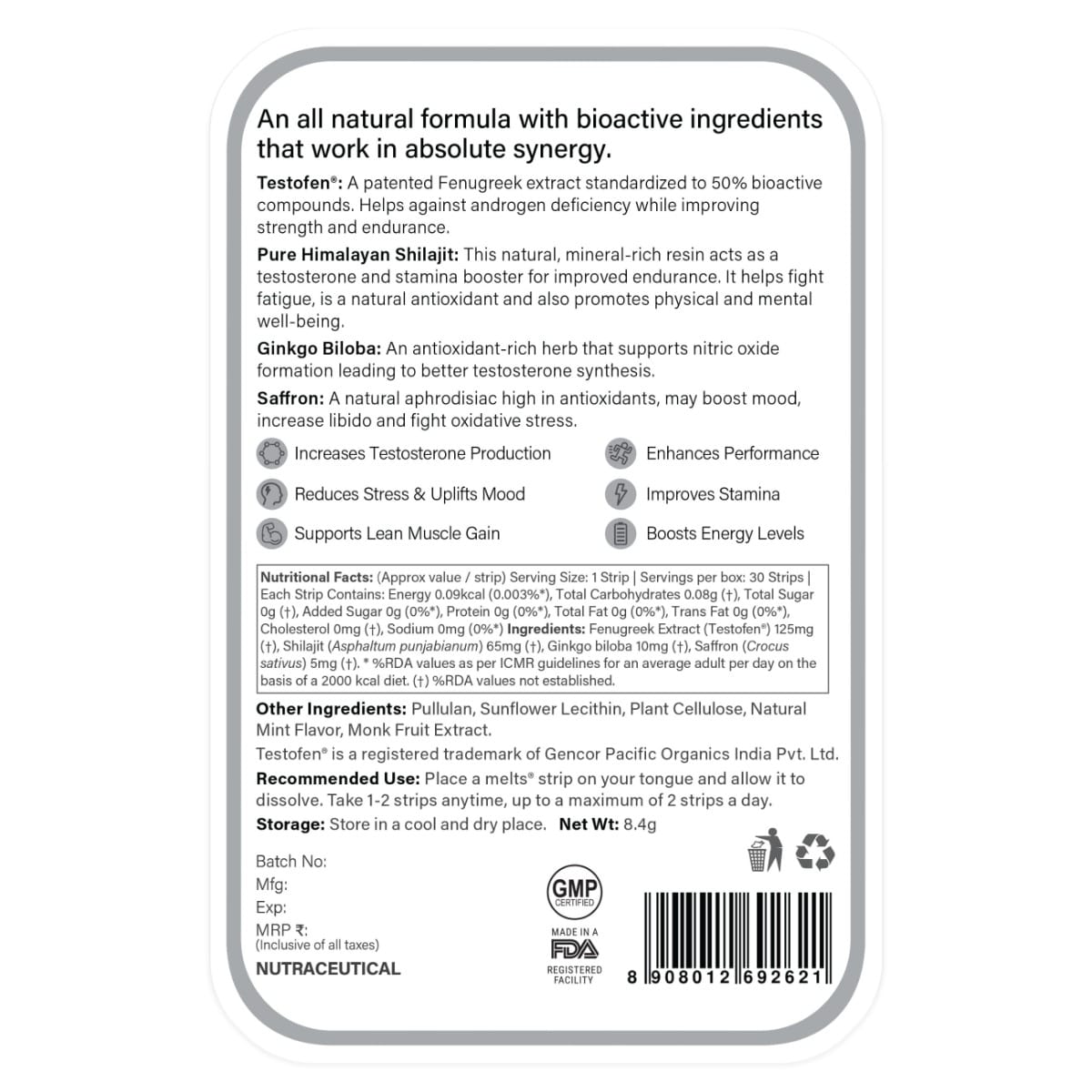 Wellbeing Nutrition Melts Testo Power (30 oral strips) Testofen