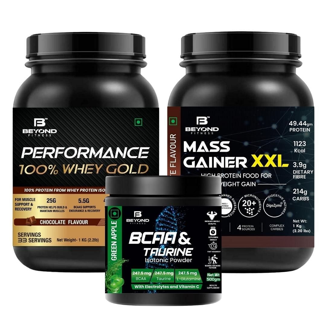 

Beyond Fitness Beast Mode Gold Combo (Mass Gainer XXL 1kg- 100% Whey Gold Protein 1kg-BCAA Isotonic energy drink 500gm)