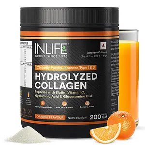 INLIFE Hydrolyzed Collagen Peptides Powder Supplements Type 1 and 3, Biotin, Vitamin C, Hyaluronic Acid, Glucosamine, Skin Health for Men & Women - 200g (Orange Flavour)