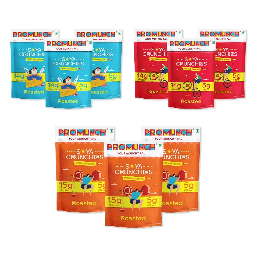

PROMUNCH Soya Crunchies | High-Protein | Healthy | Gluten-Free (Cheese and Onion-3, Peri Peri-3, Noodle Masala-3) 30g Each