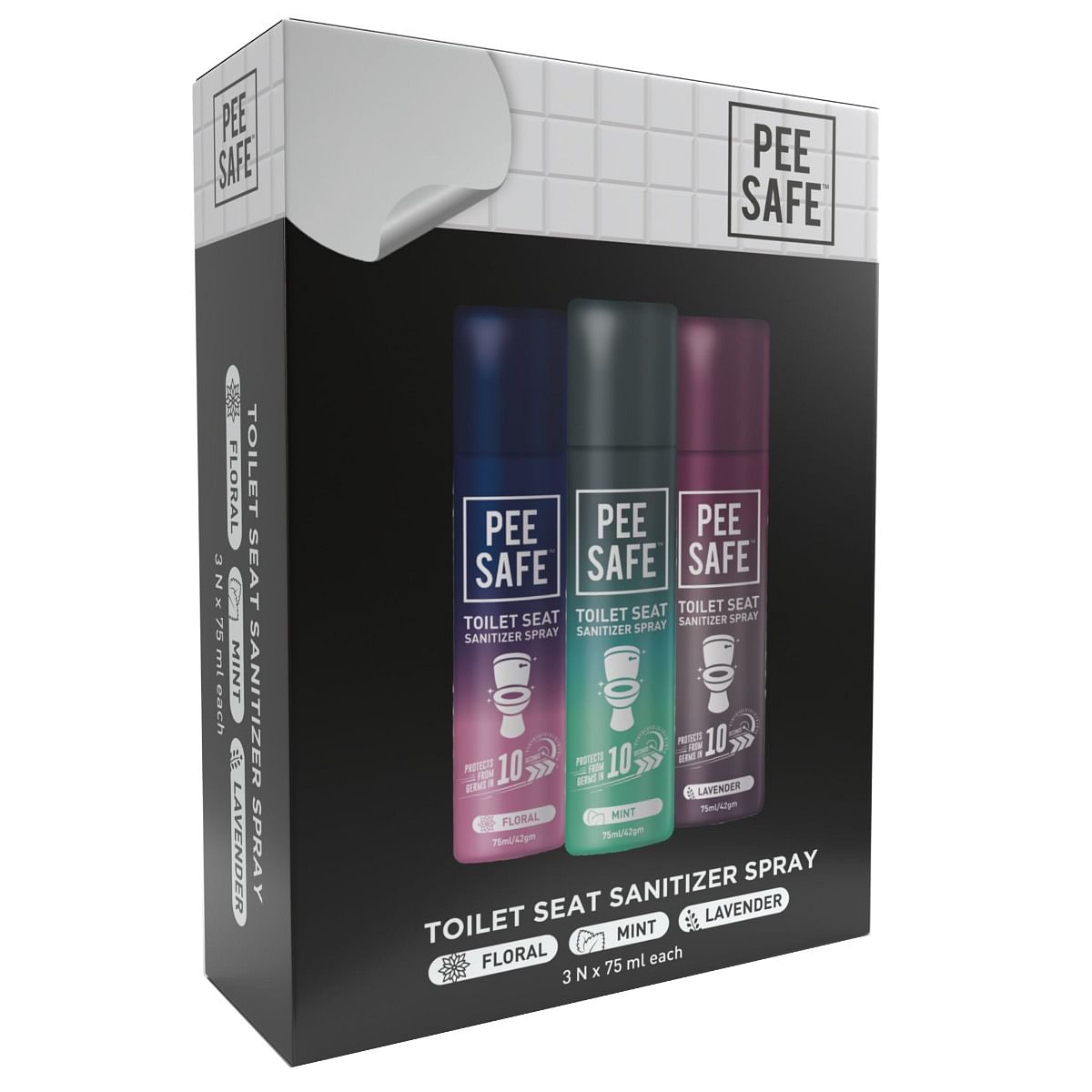 

Pee Safe Toilet Seat Sanitizer Spray 75 ml (Mint, Lavender, Floral, Pack of 3) | Reduces The Risk Of UTI & Other Infections | Kills 99.9% Germs & T...