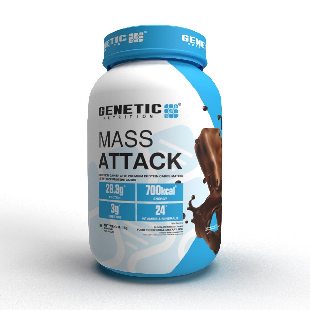 

Genetic Nutrition Mass Attack | Muscle Mass Gainer Powder Supplement | 28.3g, 3g Creatine, 700kcal, 24 Vitamins & minerals per serving | Chocolate ...