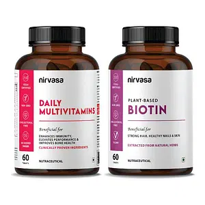 Nirvasa Daily Multivitamins & Plant Based Biotin Tablets Combo | Multi-Blended Formulations for Immunity, Hair, Skin & Nails Health | 100% Vegetarian & Cholesterol-Free | 60 + 60 Tablets