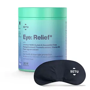 Setu Eye Relief Plant Based Eye Vitamin-30 Tablets + Eye Mask, Combo Pack | Blue Light, Glare Sensitivity Formula with our Patented Lutemax 2020 Lutein 20mg, 4mg Zeaxanthin, Curcumin & Veg Vitamin D3
