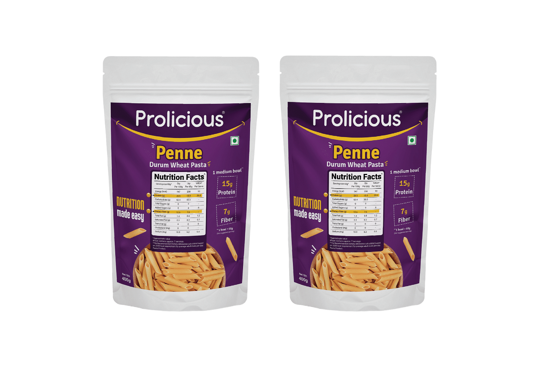 

Prolicious Penne Pasta | High Protein High Fiber Pasta | Made with Durum Wheat | Natural Protein | 400 g | Pack of 2