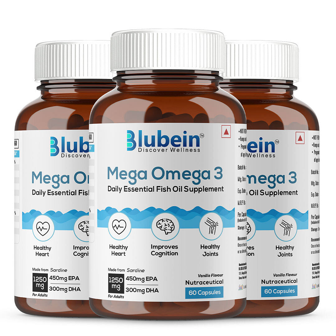 

Blubein Mega Omega 3 Fish Oil Capsules for Men & Women, Triple Strength with 1250 mg (450 mg EPA & 300 mg DHA) for Muscle Recovery, Joints & Brain ...