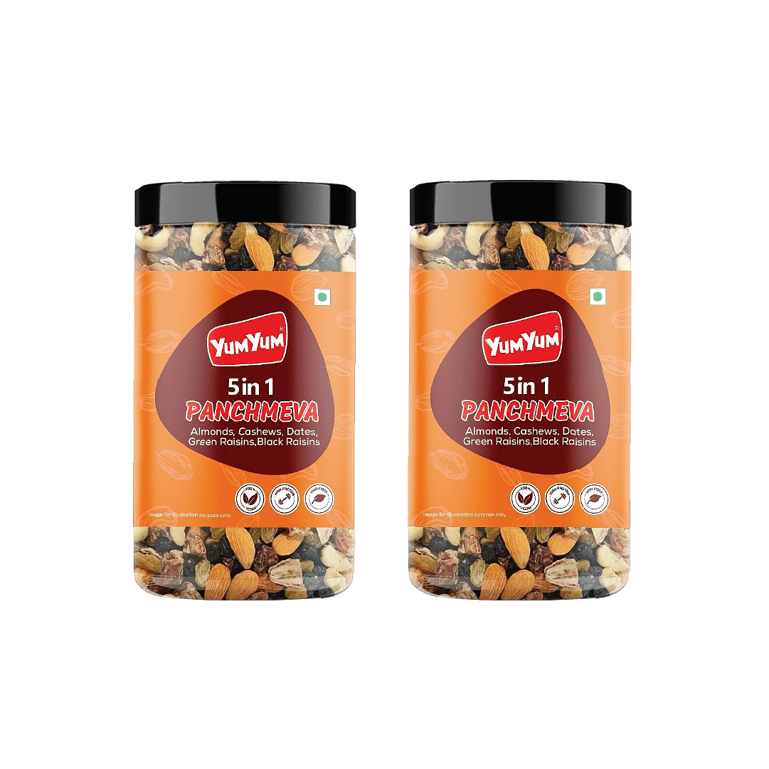 

Yum Yum Panchmeva I Health Premium Trail Mix | Healthy Mixed Nuts with Dry Fruits | Almonds | Cashews | Green & Black Raisins | Dates | Reuseable ...