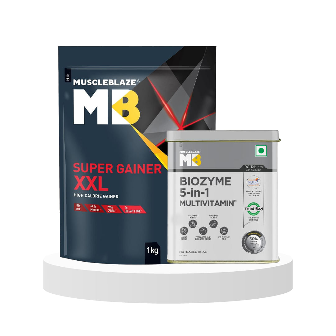 

MuscleBlaze Super Gainer XXL, Mass Gain (Chocolate Bliss, 1 Kg) & MuscleBlaze Biozyme Daily Multivitamin at Best Price in India, 90 Tabs