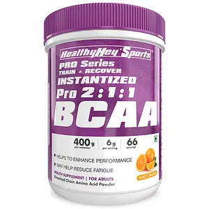 HealthyHey Sports BCAA Powder 2:1:1, Branched Chain Amino Acids, BCAAs, Tangy Orange, 66 Servings - 400gm