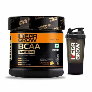 Megagrow BCAA  Advance Supplement Powder Orange Flavour with Protein Shaker, 400 Gm - 29 Servings, No Sugar Added