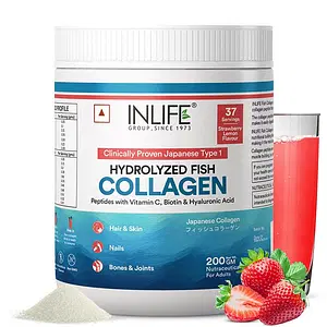 INLIFE Japanese Marine Collagen Supplements for Women & Men | Fish Collagen Powder for Skin & Hair | Clinically Proven Ingredient with Biotin, Hyaluronic Acid, Vitamin C & Glucosamine (Strawberry, Fish Collagen, 200g)