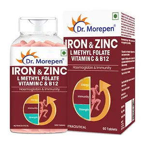 DR. MOREPEN Iron & Zinc Tablets Enriched With Vitamin C & B12 | Immunity & Haemoglobin Booster | Increases HB Level + Promotes Healthy Iron Levels | Reduces Fatigue, Improve Respiratory Health & Energy | 60 Veg Tablets
