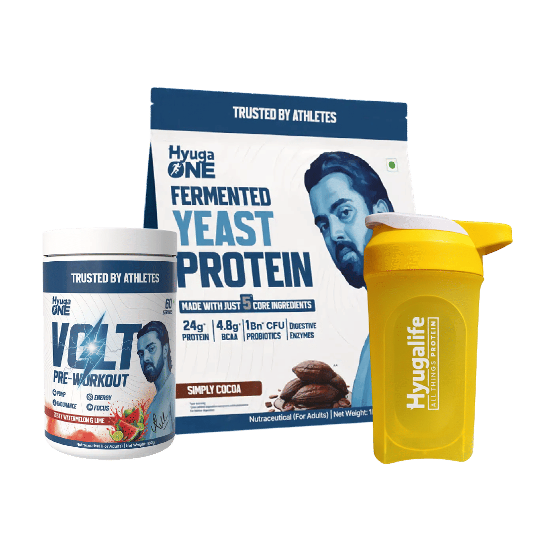 

Hyuga One Fermented Yeast Protein Cocoa Chocolate 24g Protein, 4.8g BCAA, Pre & Probiotics, Enzymes, Gut Friendly + VOLT Pre-Workout Zesty Watermel...