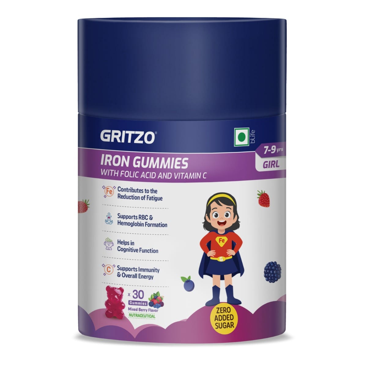 Gritzo Iron Gummies With Folic Acid & Vitamin C (7-9y Girls) (Mixed Berry Flavour, 30 Gummies) | Zero Added Sugar