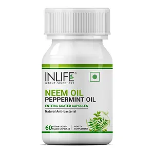 INLIFE Neem Oil 350mg with Peppermint Oil 150mg for Digestive Health & Skin, Hair Care Supplement, Enteric Coated Capsules – 60 Liquid Filled Vegetarian Capsules (Pack of 1)